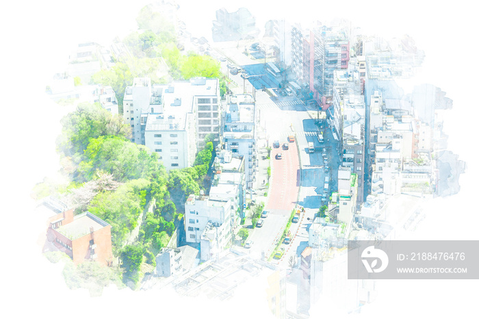 東京の都市風景 Tokyo, Japan. Illustration of watercolor painting style.