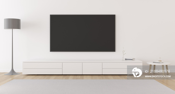 平面墙上有电视的最小客厅视图。室内设计，配有家具和层压橱柜