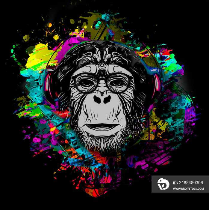 戴眼镜的彩色艺术猴子，白色背景上有五颜六色的油漆飞溅