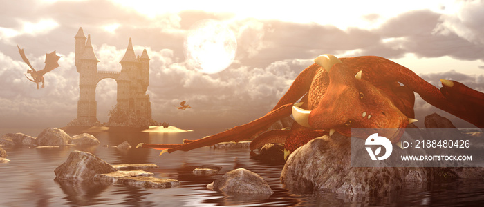 神话岛退潮时，3d幻想龙在岩石上休息，小说横幅概念和