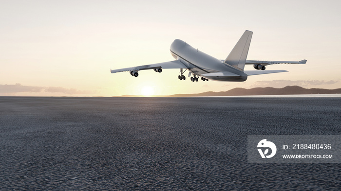 3D飞机在日落时起飞，用于广告的3D渲染概念。
