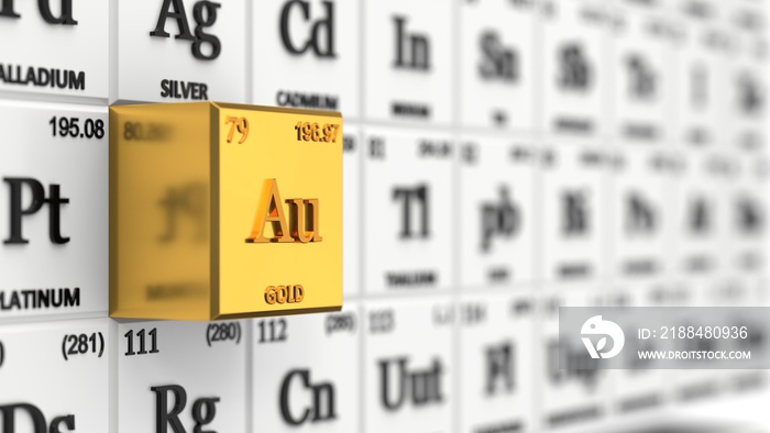 periodic table concept with white cubes. gold element selected, 3d illustration