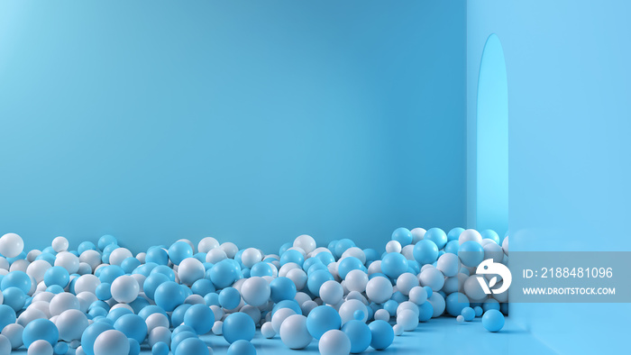 Blue and white balls pour out of the open door into a large bright room. Background with copy space.