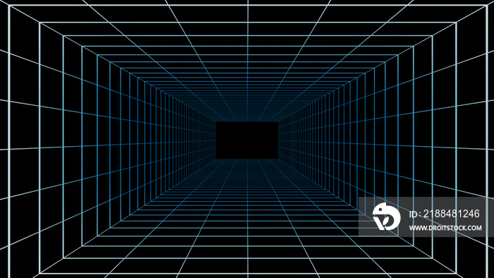 黑色背景下的虚拟网络空间现实室，三维插图