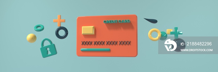 Credit card with flying geometric shapes - 3D render