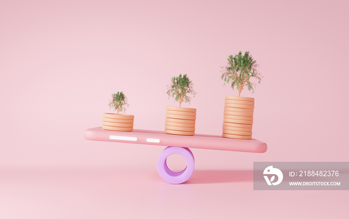 Scale showing financial coin stacks growing order with trees on smartphone, use technology on intern