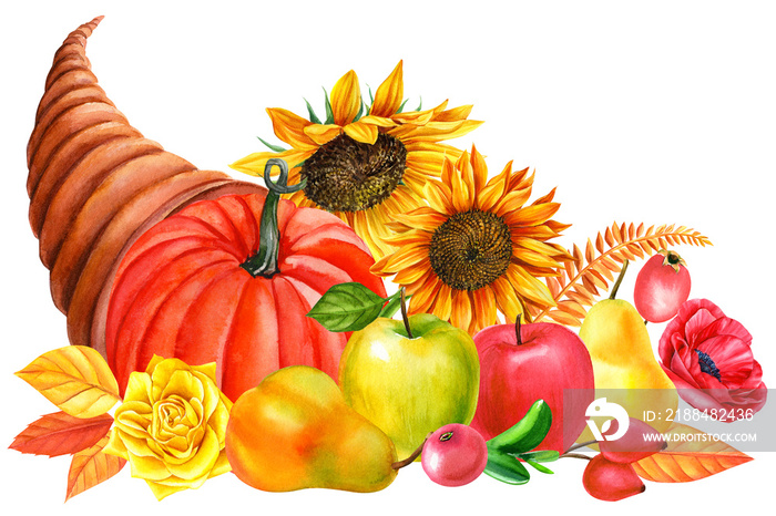 autumn cornucopia of flowers, vegetables and fruits on an isolated white background, watercolor pain