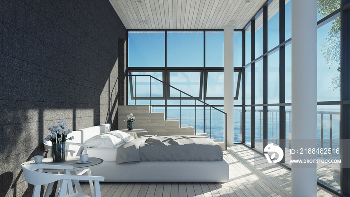 现代卧室室内度假和夏季海景-3D渲染