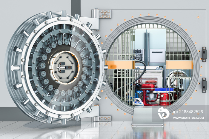 Household and kitchen appliances inside bank vault, guarantee and protection concept. 3D rendering