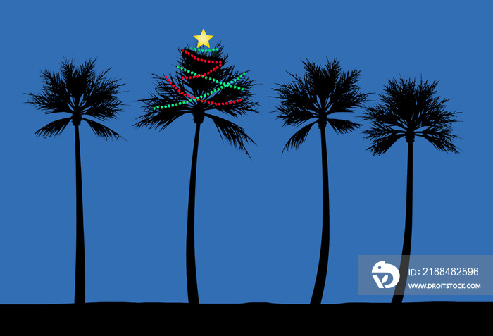热带气候的海滩上，一棵棕榈树被装饰成圣诞树。一串串灯光在沙滩上闪耀