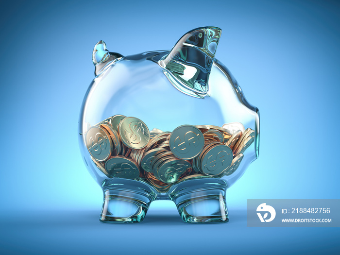 Glass piggy bank and coins with dollar sign on blue background. Deposit, savings money and investmen