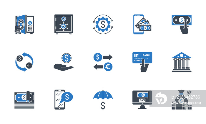 Banking icons set. Related glyph icons. Black and blue color. Isolated on white background