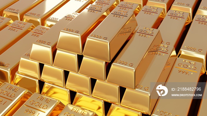 黄金商业投资和黄金交易、银行和商业理念：大量闪亮黄金球的3D展示