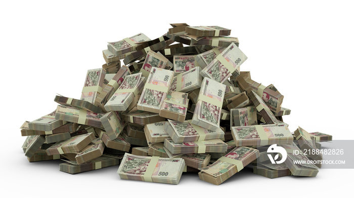 一大堆500洪都拉斯伦皮拉钞票在白色背景下赚了很多钱。捆绑包的3d渲染