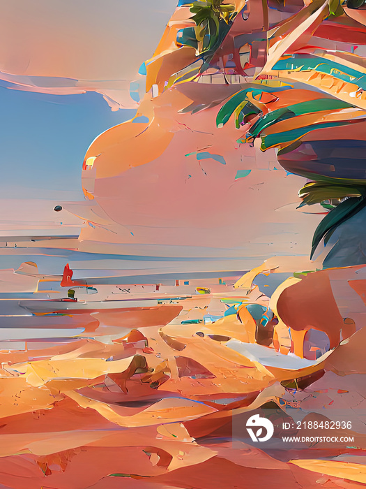 Digital art of a fantasy beach in the sun