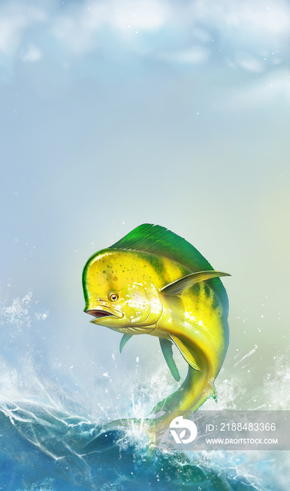 Mahi Mahi或背部的海豚鱼。Mahi Mahi-黄鱼逼真的插图。一个大型食肉动物f