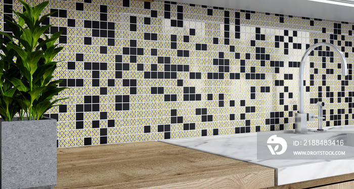 Mosaic backsplash in kitchen. 3d rendering. Modern interior