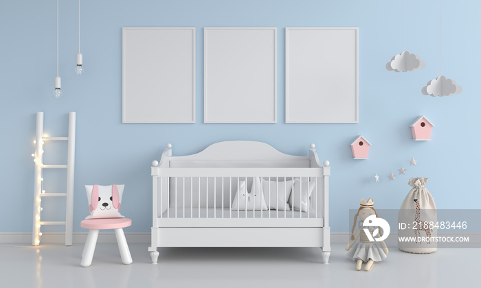 Blue child bedroom with frame mockup, 3D rendering