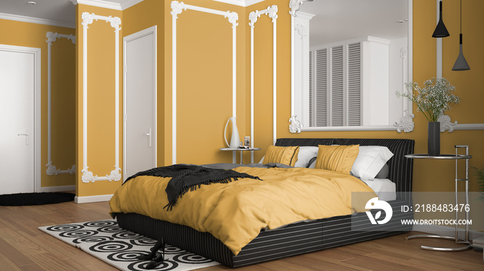 经典房间中的现代黄色卧室，配有墙饰条、镶木地板、带羽绒被的双人床和