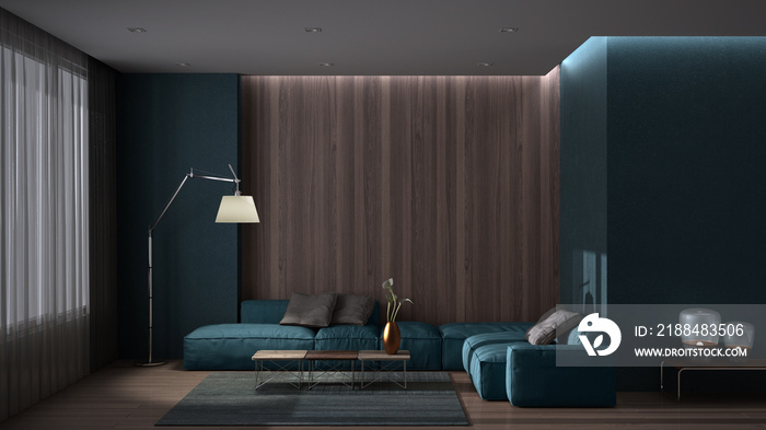 Luxury minimal living room with parquet floor, concrete wall and wooden panel, large sofa with pillo