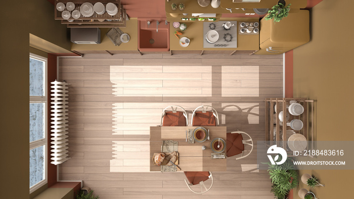 Country kitchen, eco interior design in orange tones, sustainable parquet floor, dining table and wo