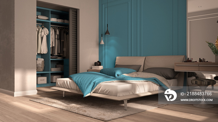 蓝色调的简约经典卧室，带步入式衣柜，带羽绒被和枕头的双人床，侧边t