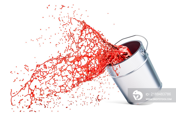 红色油漆从罐子里溅出来，3D渲染