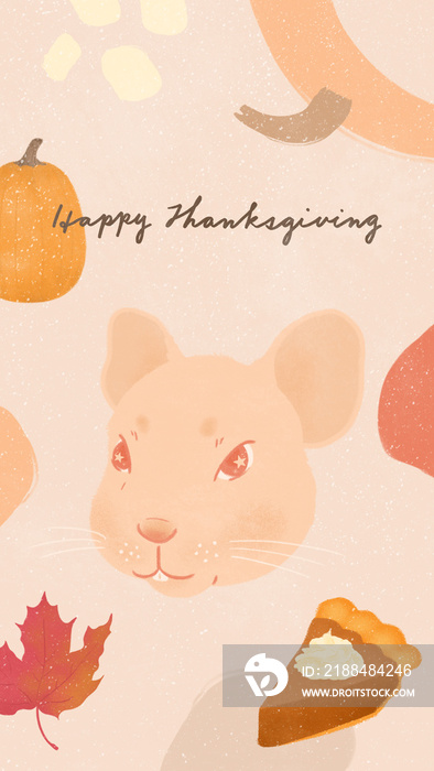 Happy Thanksgiving with fall icons pumpkin maple leaf pumpkin pie and mouse