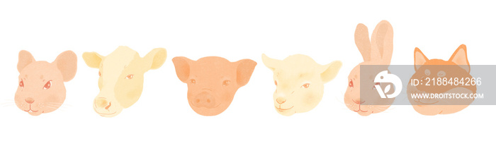 six cute adorable animals mouse cow pig lamb rabbit dog on transparent background