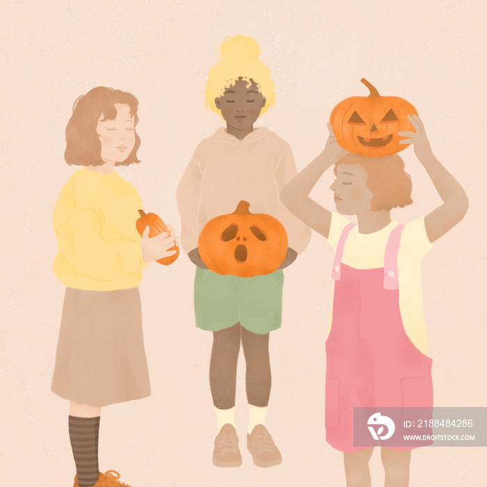 a group of three happy multiracial little girls celebrating Halloween together holding pumpkins in t