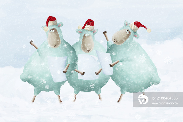 Traditional christmas carols. Cartoon sheeps sing on snowfall. Cute positive illustration about snow