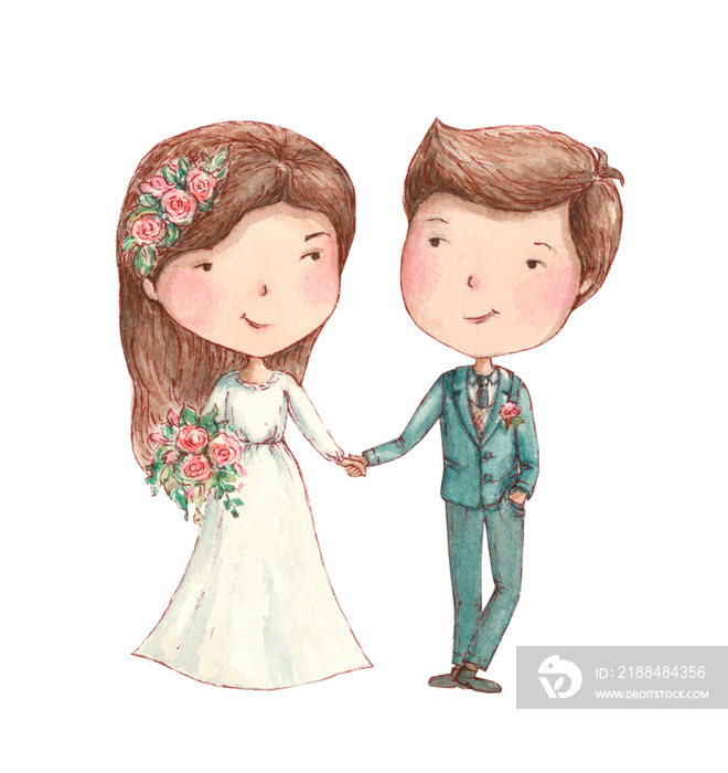 bride and groom smiling with flowers watercolor illustration