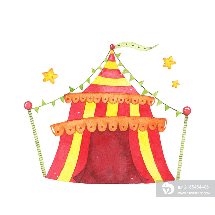 Watercolor red yellow circus tent isolated on white background