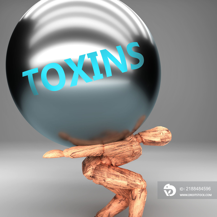 Toxins as a burden and weight on shoulders - symbolized by word Toxins on a steel ball to show negat