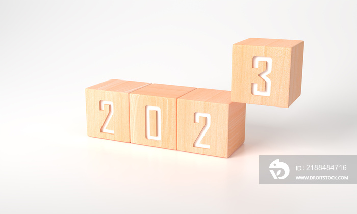 3D rendering of Business goals in 2023 concept. Happy new year wooden cubes 2023 with white backgrou