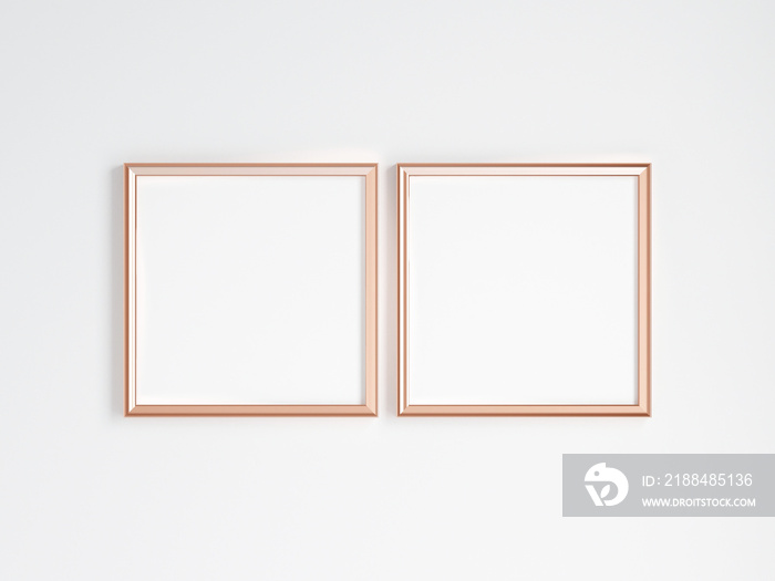 two square gold frames on the wall, minimalist mockup, 3d render