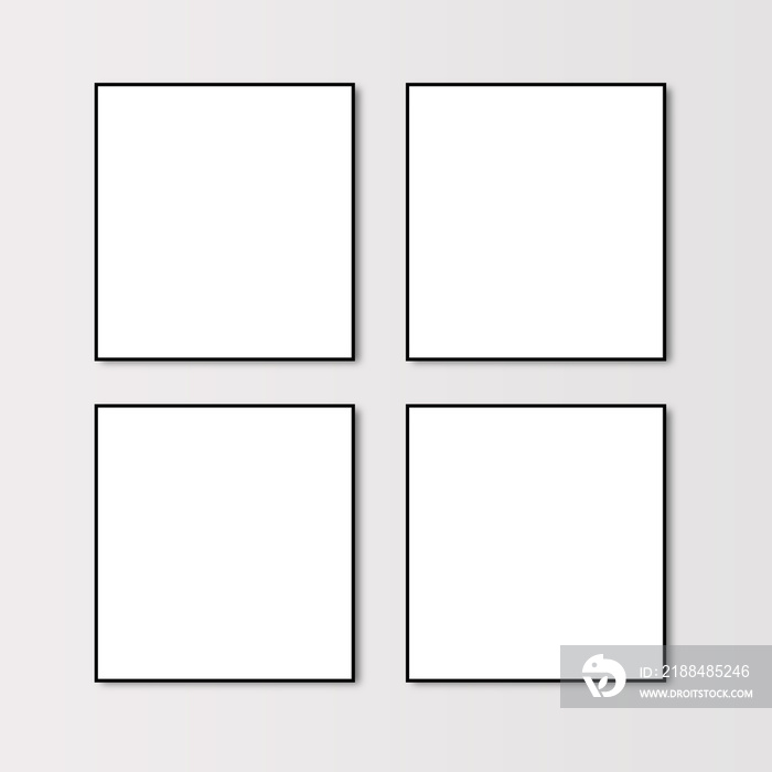 Four foto Frames square  hanging in clean grey white gradient wall, 4 picture frame  mockups with bl