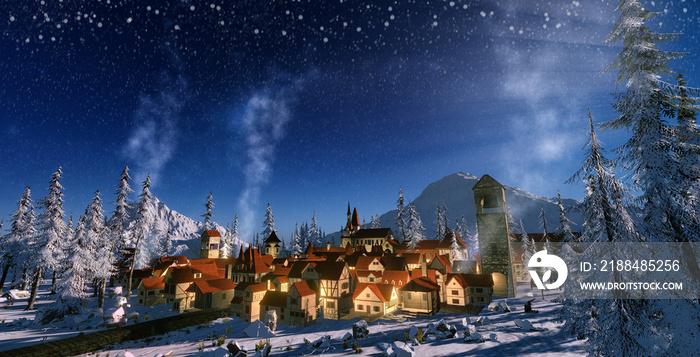 小山村降雪的三维渲染图。