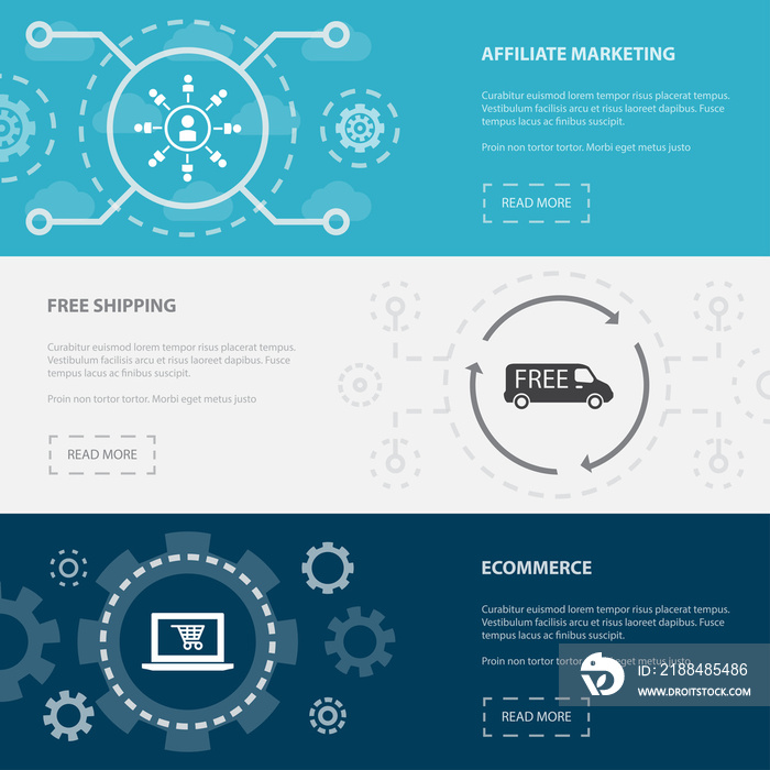 电子商务3横向网页横幅模板，带有关联营销、免费送货、电子商务c