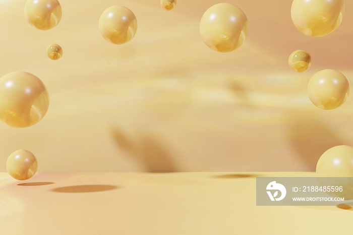 3d render of yellow and coral flying marble balls on a yellow background