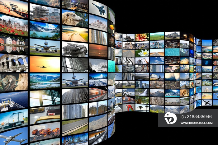 Wall of screens - streaming media, cable, Internet concept - 3D illustration