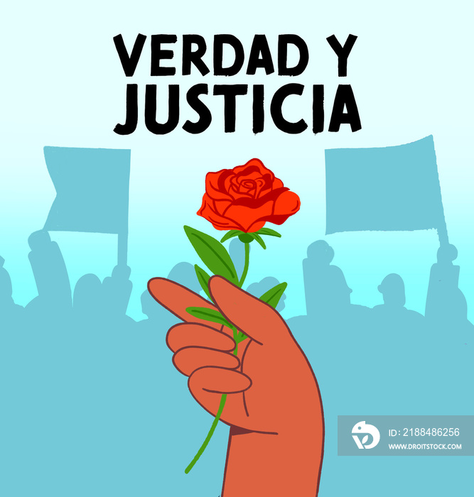 Mano con rosa roja en macha por Detenidos Desaparecidos en Chile