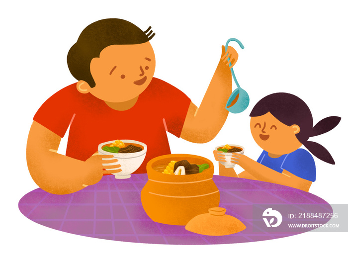 Filipino dad and daughter sharing bulalo in palayok