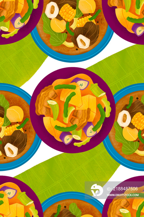 Filipino stews bulalo and pinakbet with banana leaves illustrated pattern