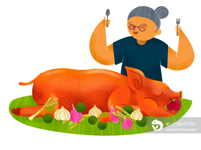 Filipino old lady eating lechon roasted pig