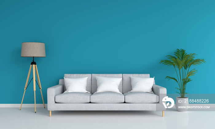 蓝色客厅中的灰色沙发和灯，用于实体模型，3D渲染