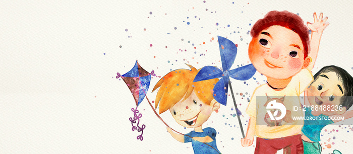 Happy boys. Watercolor banner for children