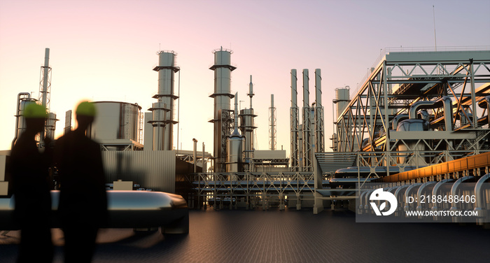 Technicians supervisor looking out onto an oil refinery at sunset with pipes and steel 3d render