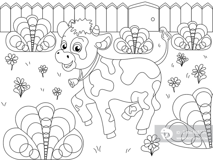 Children coloring, farm animal. The calf plays in the clearing. Raster cartoon