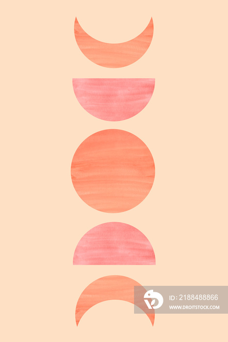 Mid century terracotta colors artwork. Watercolor moon phases illustration isolated on orange backgr